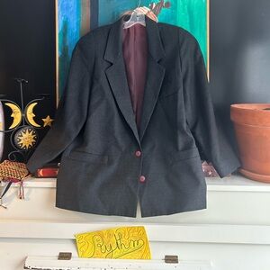 Vintage Black Gray Wool Blazer with Burgundy Lining Large